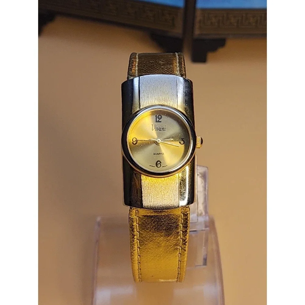 Vtg VIVIANI Gold Tone Watch With Gold Leather Band New Battery FREE $HIPPING!!